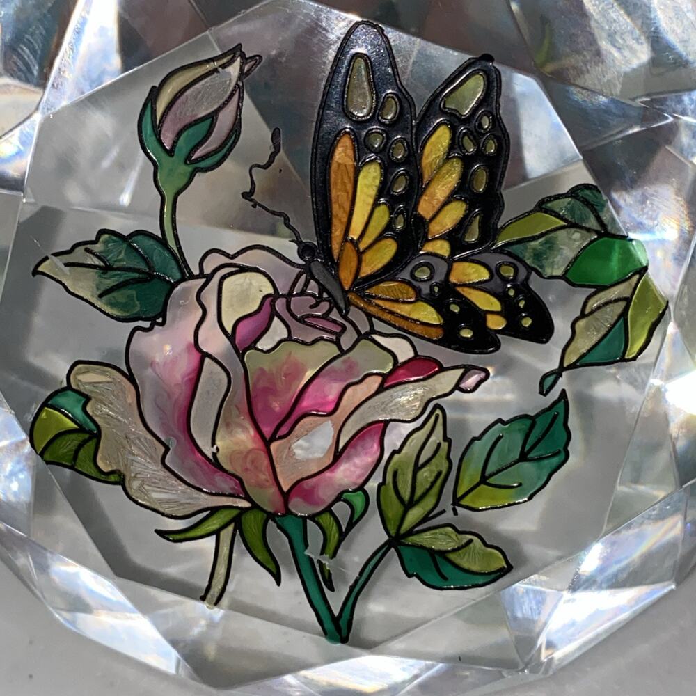 Art Glass Diamond Paperweight Hand Painted Amia Studios Rose Flower Butterfly - Picture 4 of 6